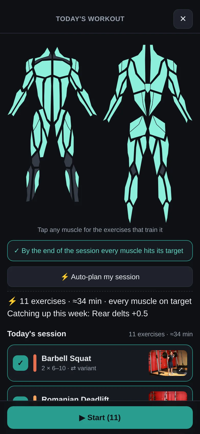 The Pro autopilot's planned session: exercise count, estimated minutes, and which muscles it is catching up on
