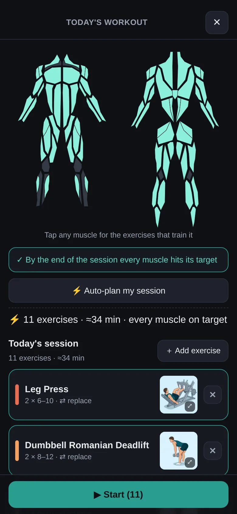 The Pro autopilot's planned session: exercise count, estimated minutes, and which muscles it is catching up on