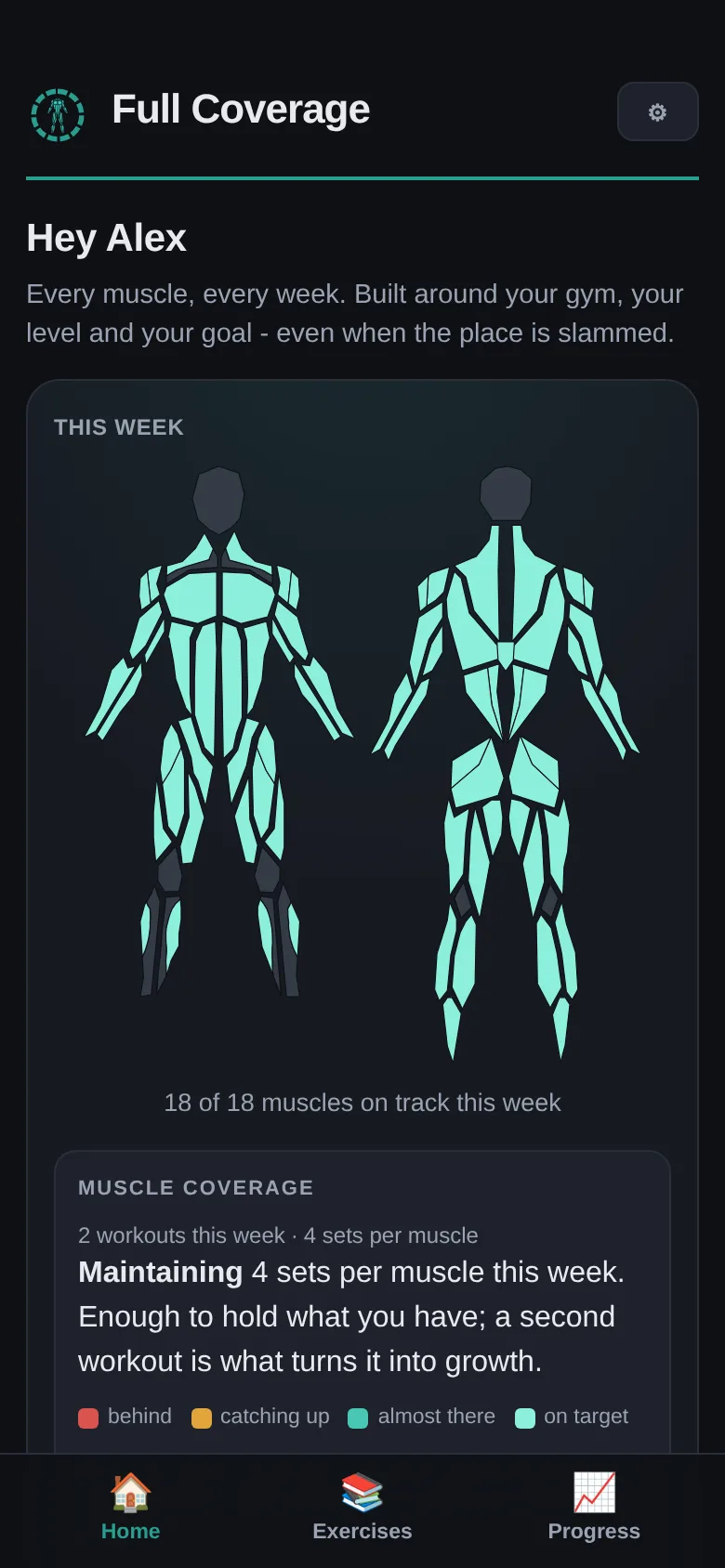 App home screen: a body map with each muscle group’s coverage this week, plus the training streak calendar