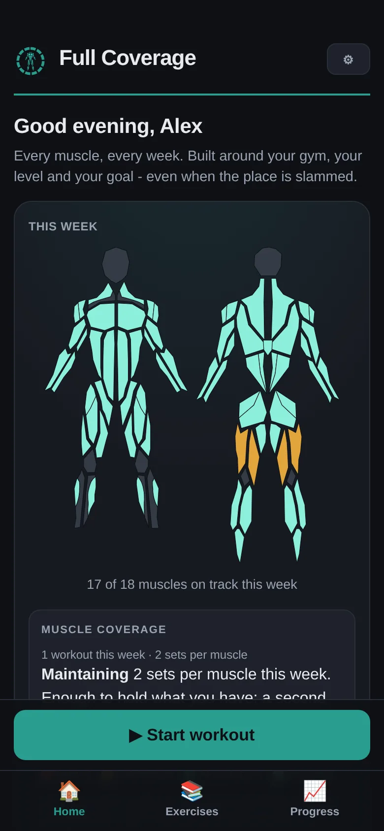 App home screen: a body map with each muscle group’s coverage this week, plus the training streak calendar