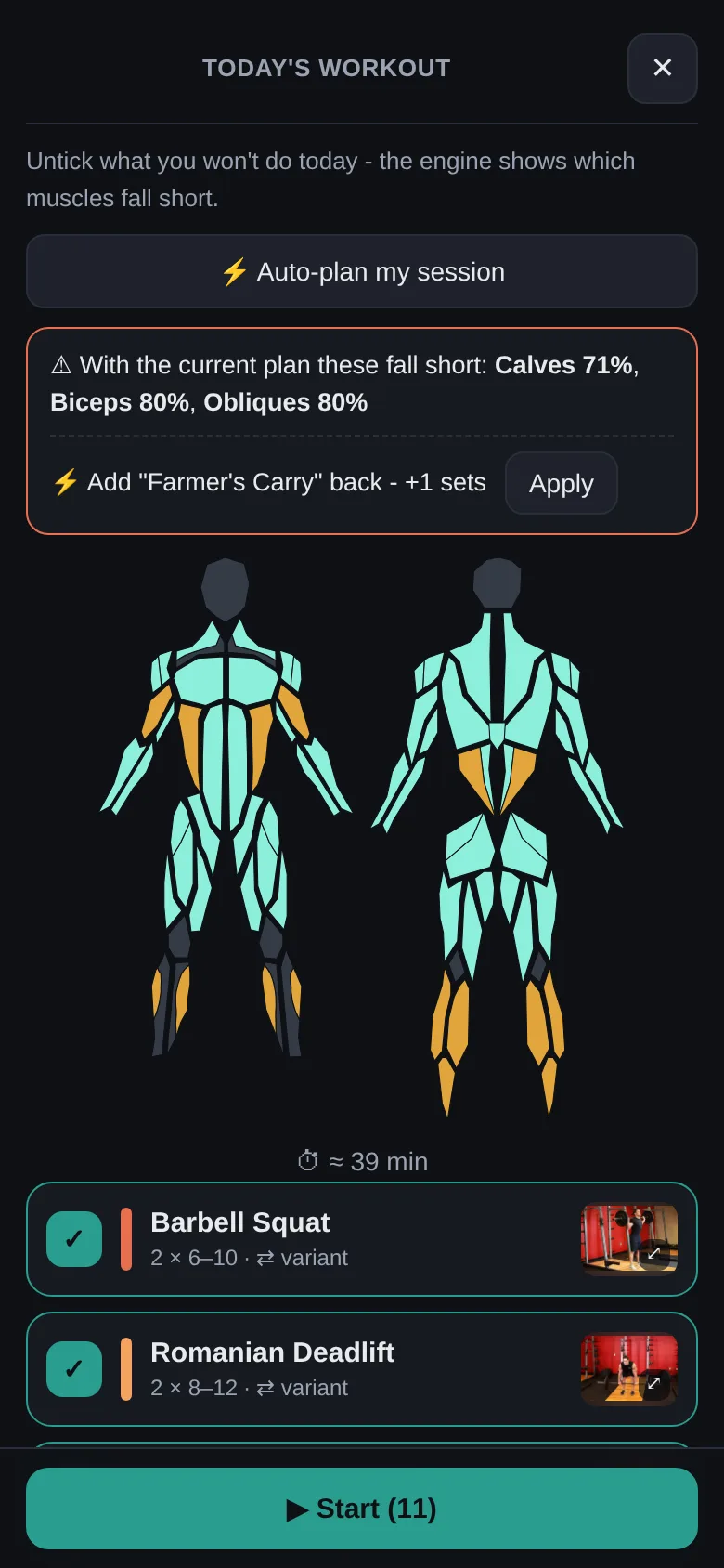 The pre-workout picker listing today’s exercises with an estimated session length and a warning naming any muscle group the current selection would leave short.