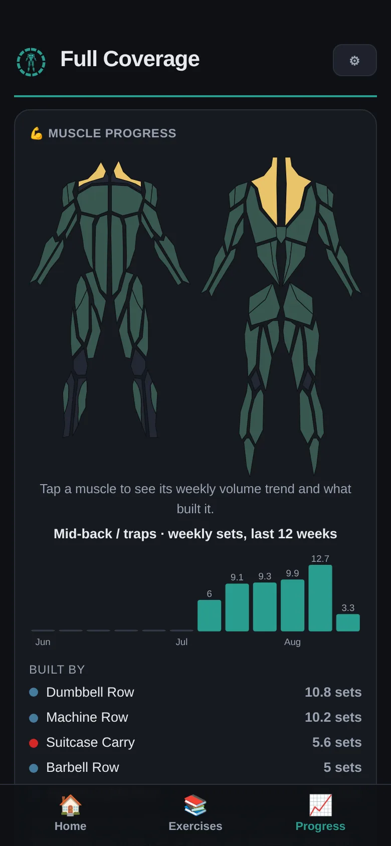 Progress tab: weekly sets per muscle over 12 weeks and the exercises that built them