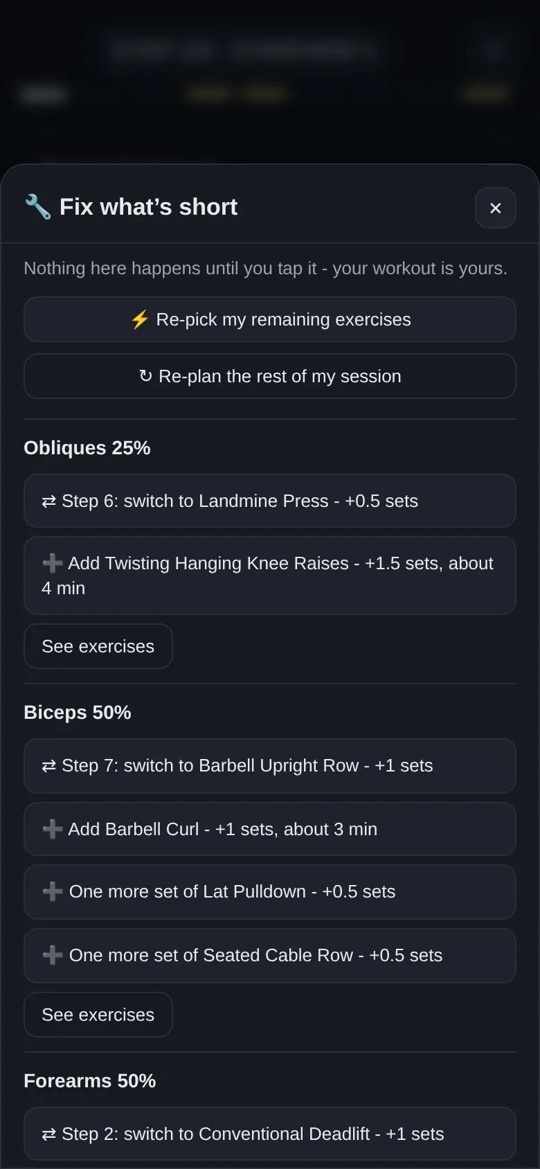 The Full Coverage repair sheet listing every fix for a muscle that is short - switch step 6 to a landmine press for +0.5 sets, add twisting hanging knee raises for +1.5 sets - under the line