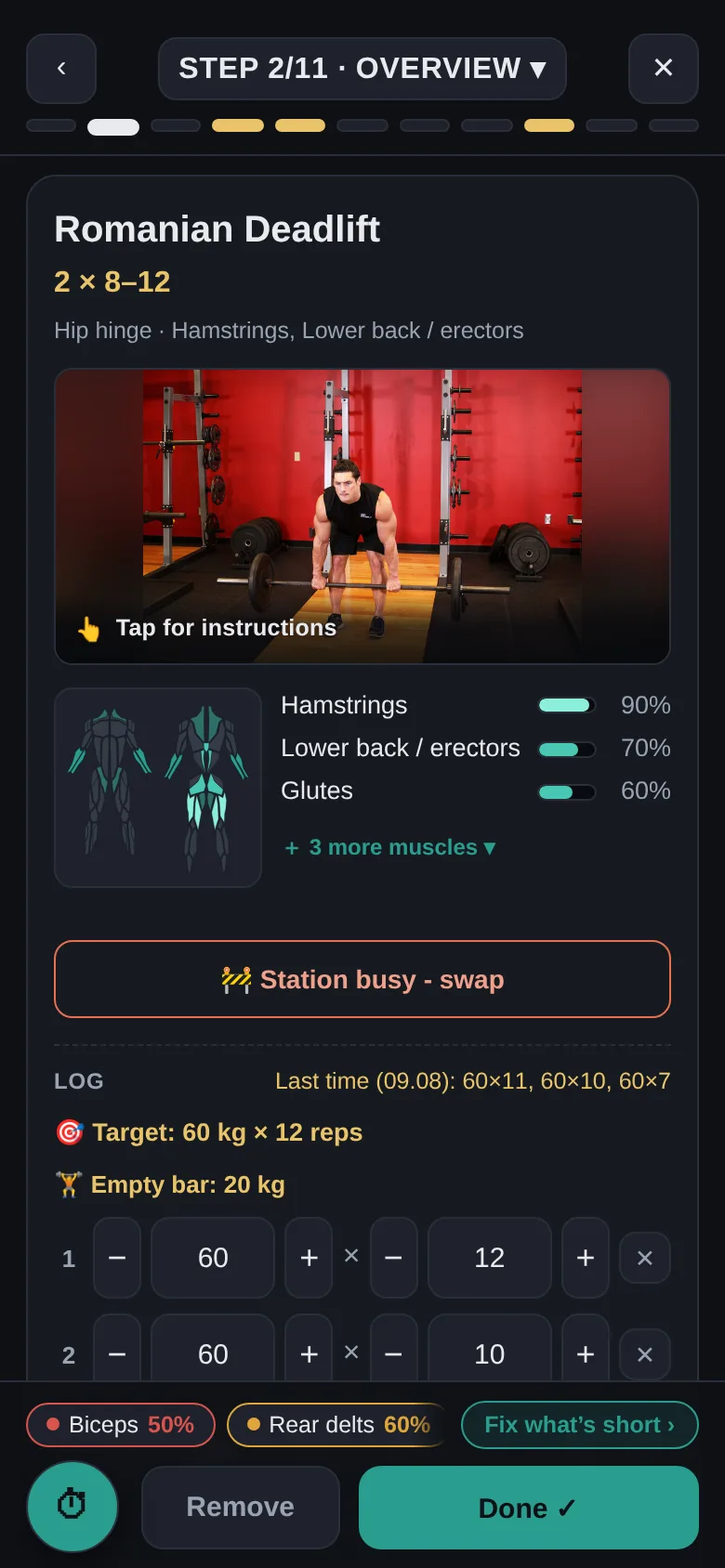 Full Coverage training mode mid-session: the current exercise with its recommended sets and reps, the set rows logged so far, and a footer bar naming the muscle groups still short of target.