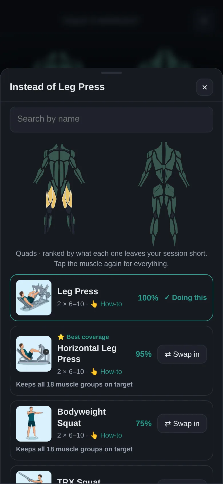 Full Coverage swap sheet: alternative exercises for a taken station, each showing the per-muscle percentages it would add and how the coverage map changes.